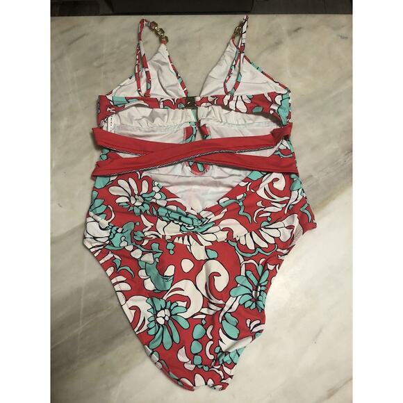 Trina Turk $158 Garden Bloom Plunge One Piece Swimsuit Red Gold Hardware Size L - Picture 6 of 9